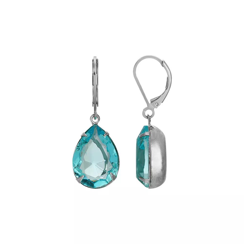 1928 Silver Tone Aqua Blue Crystal Pear Shaped Drop Earrings, Women's Product Image