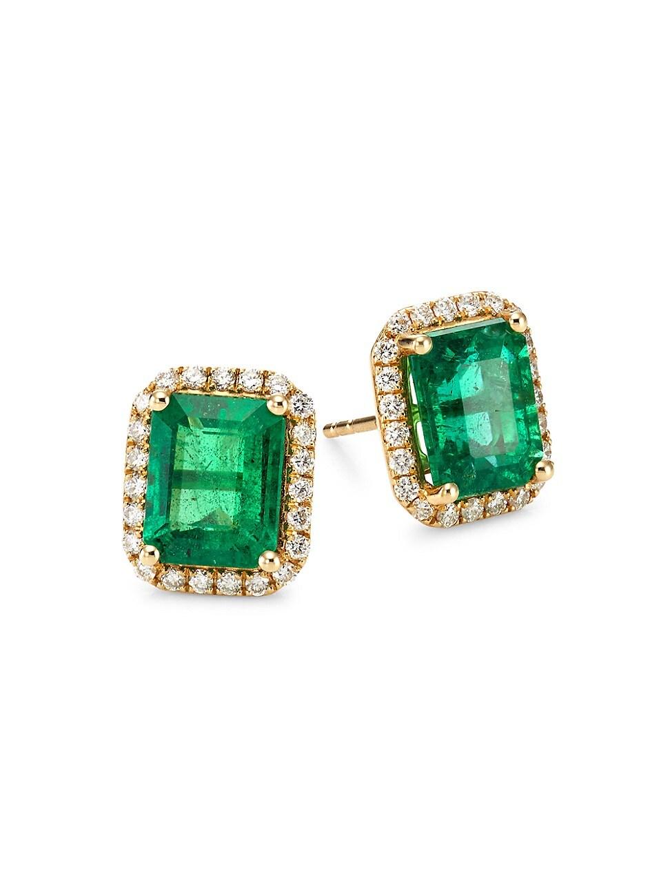 Womens 14K Gold, Diamond & Emerald Stud Earrings Product Image