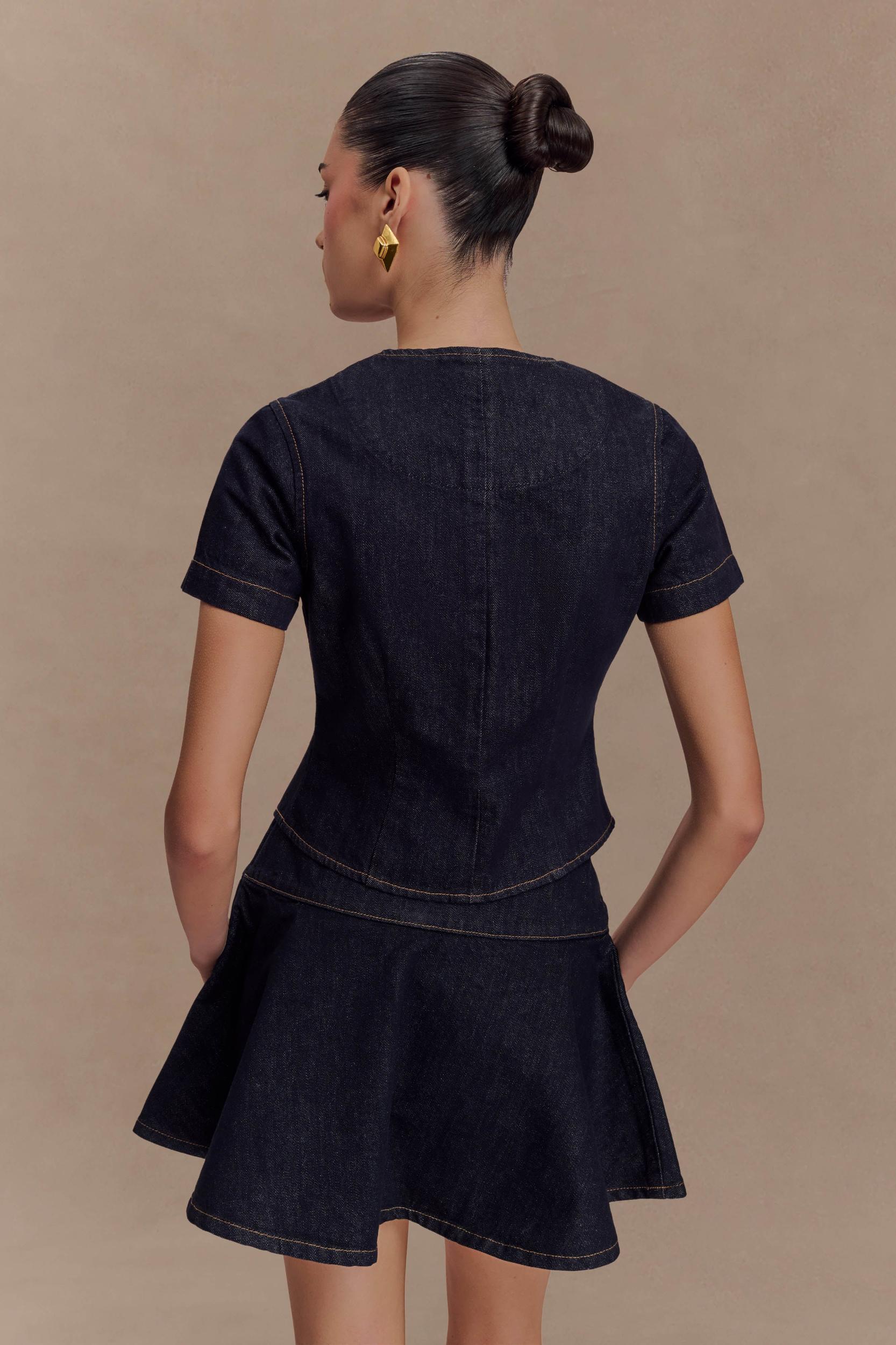 Bethany Short Sleeve Buttoned Denim Top - Washed Indigo Blue Product Image