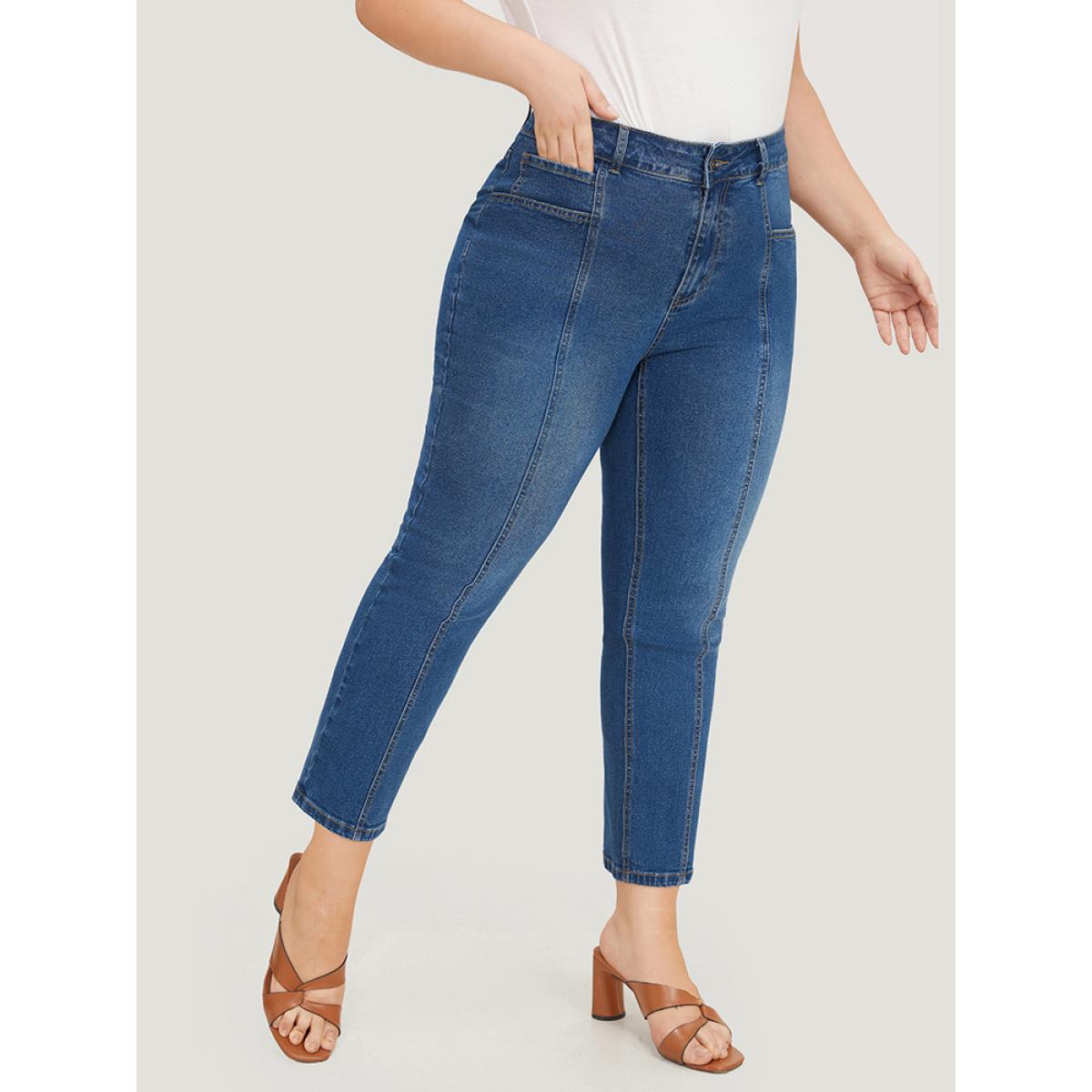 Plus Size Very Stretchy Pocket High Rise Patchwork Jeans Women Blue Casual Plain Embroidered High stretch Pocket Jeans BloomChic 12/L Product Image