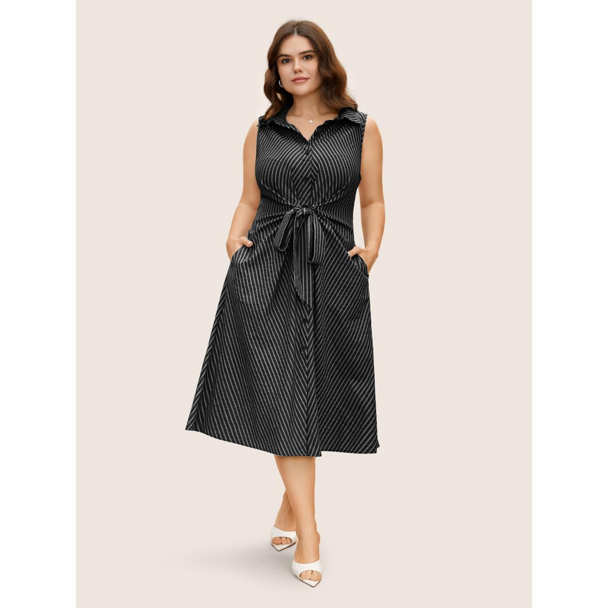 Plus Size Shirt Collar Striped Midi Tank Dress Black Women At the Office Tie knot Shirt collar Sleeveless Curvy BloomChic 26/4X Product Image