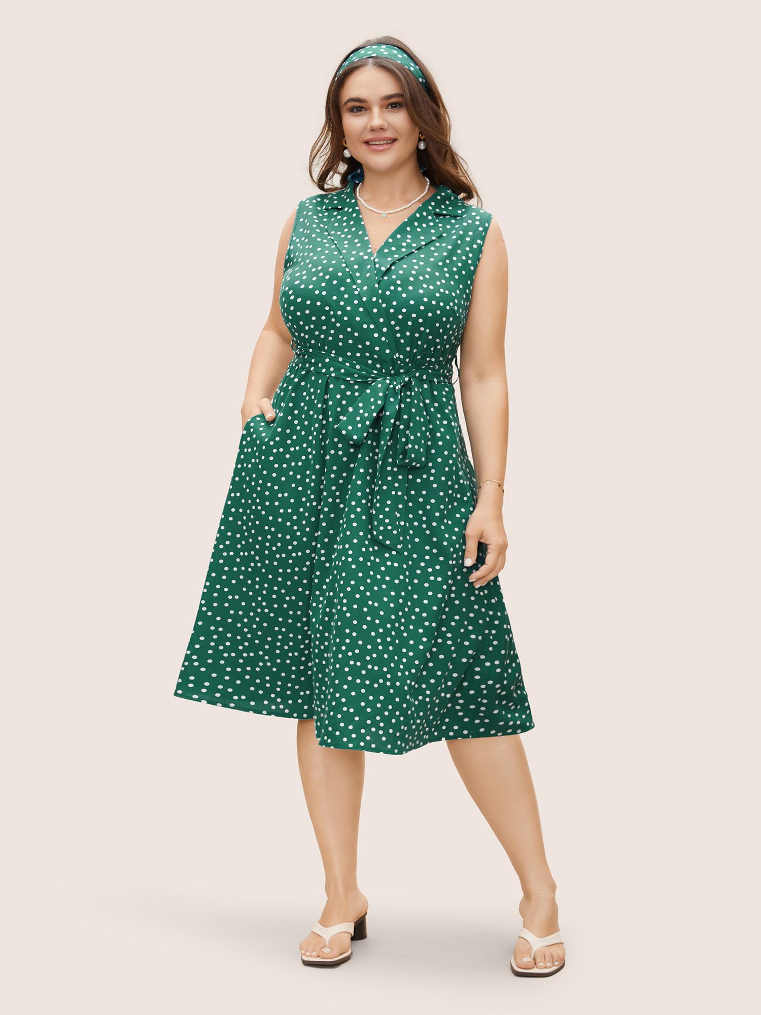 Plus Size Collared Polka Dot Dress Teal Women Elegant Belted Suit Collar Sleeveless Curvy BloomChic 12/L Product Image