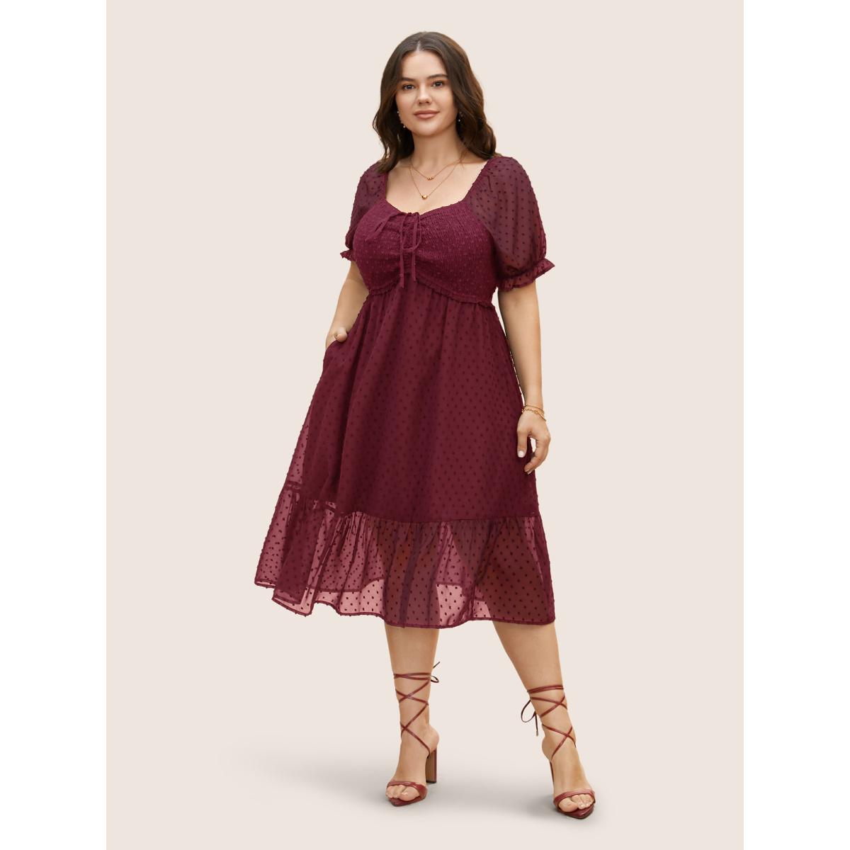 Plus Size Polka Dot Textured Mesh Shirred Drawstring Dress Burgundy Women Elegant Texture V-neck Short sleeve Curvy BloomChic 18-20/2X Product Image