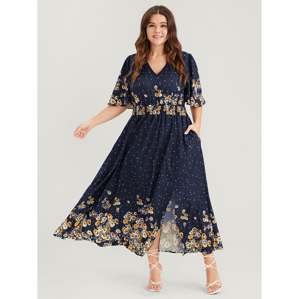 Plus Size Floral Pocket Split Hem Flutter Shirred Maxi Dress Navy Women Casual Printed V-neck Half Sleeve Curvy Midi Dress BloomChic 10/M Product Image