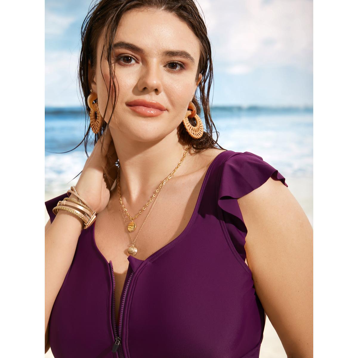 Plus Size Solid Half Zip Ruffle Cap Sleeve One Piece Swimsuit Women's Swimwear Deeppurplered Beach Ruffles Curve Bathing Suits High stretch One Pieces BloomChic 26/4X Product Image
