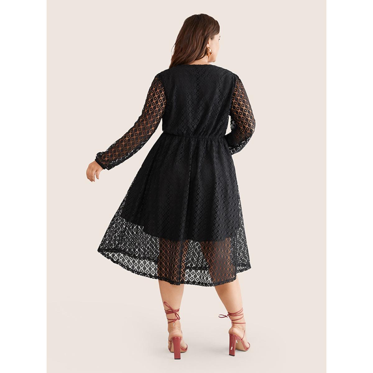 Plus Size Lace Panel Overlap Collar Mesh Dress Black Women Elegant Elastic cuffs Overlap Collar Long Sleeve Curvy Midi Dress BloomChic 28/5X Product Image