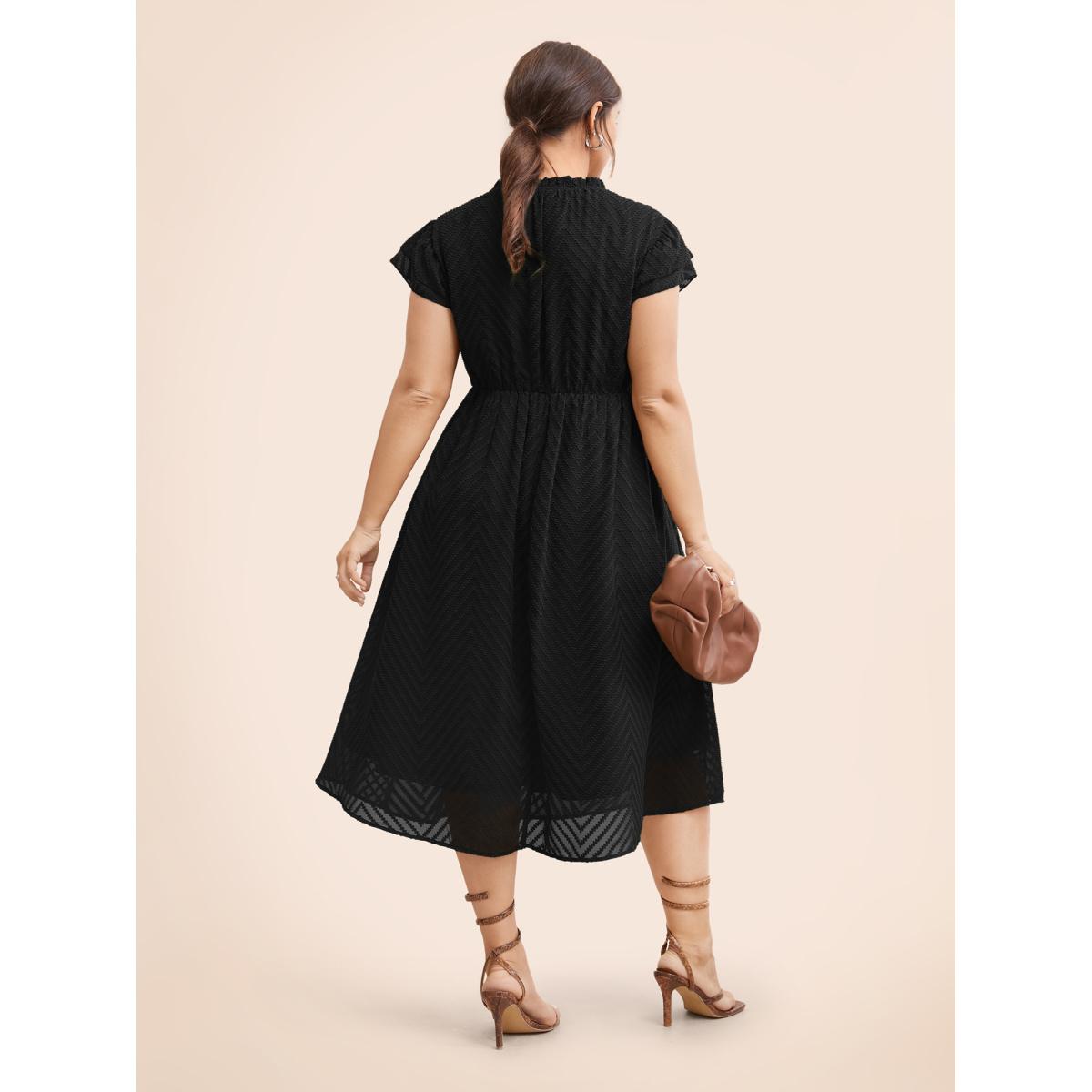 Plus Size Plain Geometric Layered Sleeve Pocket Ruffle Mock Neck Dress Pureblack Women Office See through Round Neck Cap Sleeve Curvy Midi Dress BloomChic 10/M Product Image