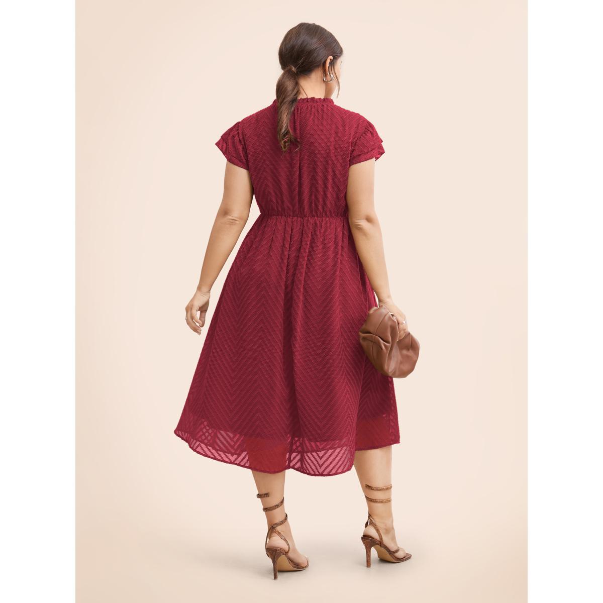 Plus Size Plain Geometric Layered Sleeve Pocket Ruffle Mock Neck Dress Rosered Women Office See through Round Neck Cap Sleeve Curvy Midi Dress BloomChic 22-24/3X Product Image
