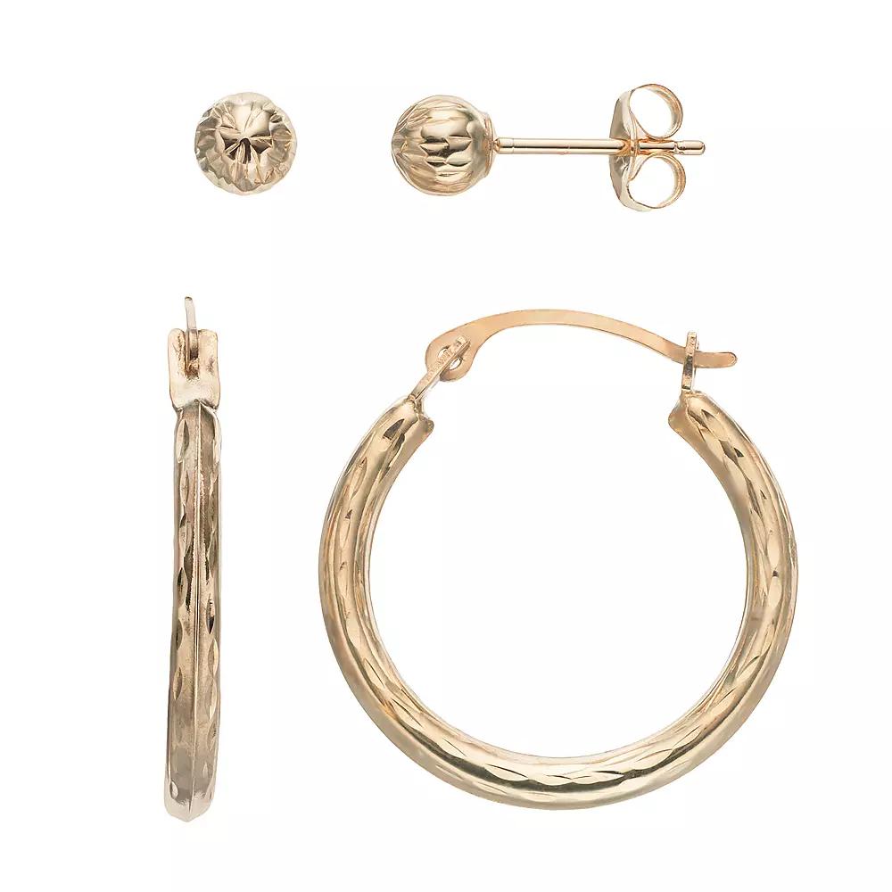 Forever 14K Textured Hoop & Ball Stud Earring Set, Women's, 14k Gold Product Image