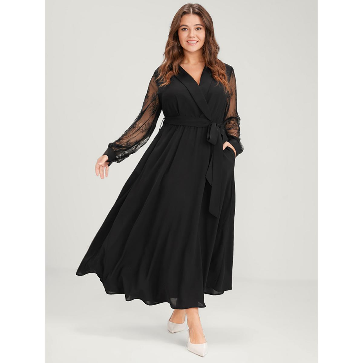 Plus Size Solid Lace Lantern Sleeve Button Lapel Collar Belted Maxi Dress Black Women Elegant Cross straps Lapel Collar Long Sleeve Curvy Long Dress BloomChic 22-24/3X Product Image