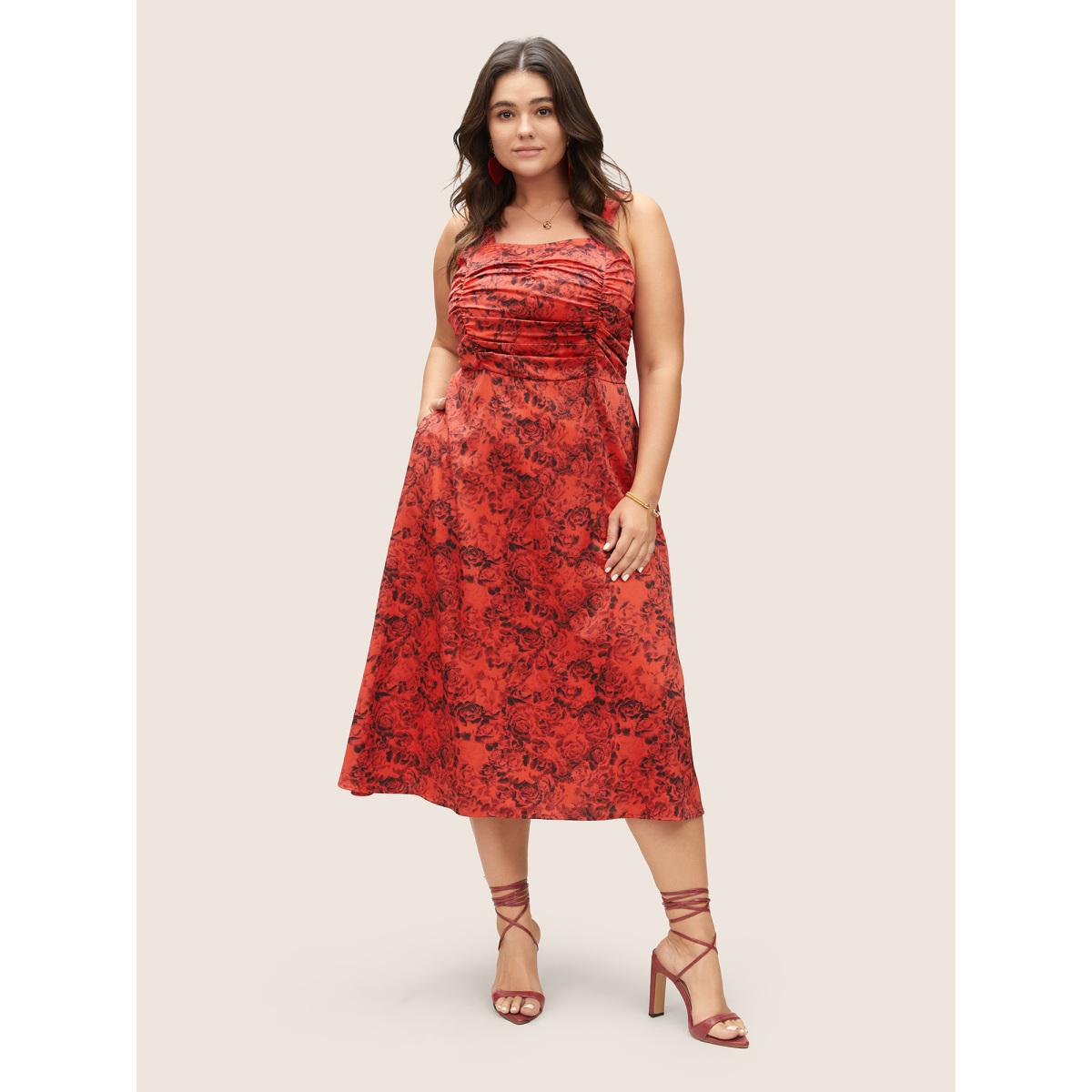Plus Size Floral Print Ruched Detail Adjustable Straps Dress Raspberry Women Elegant Gathered Spaghetti Strap Sleeveless Curvy Midi Dress BloomChic 10/M Product Image