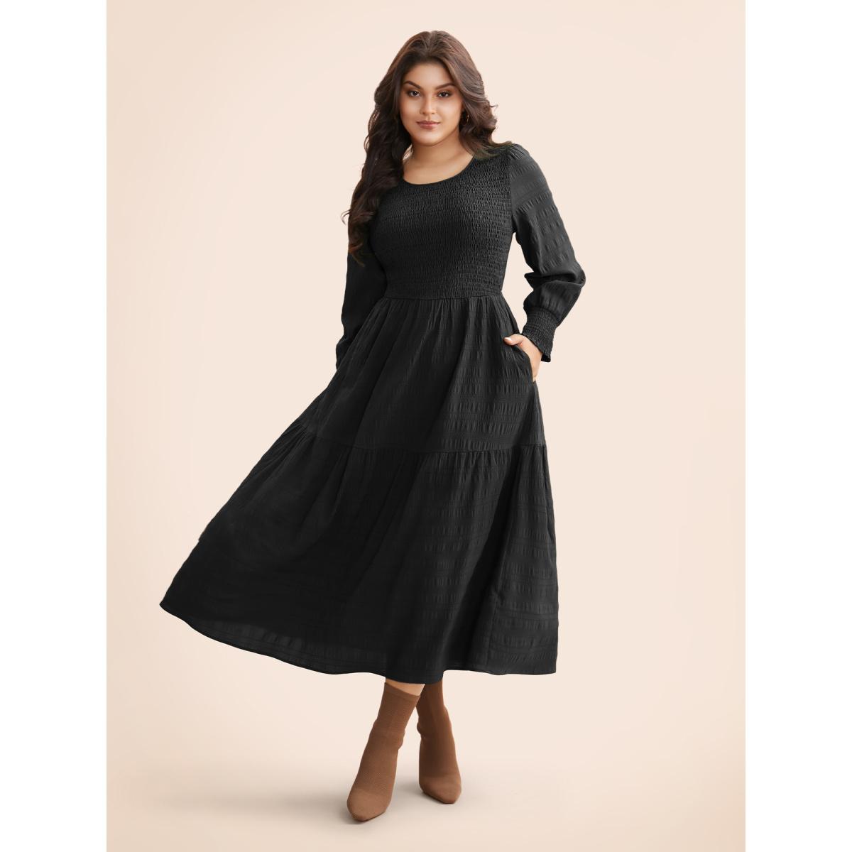 Plus Size Plain Textured Shirred Midi Dress Moss Women Timeless Texture Round Neck Long Sleeve Curvy BloomChic 30/6X Product Image