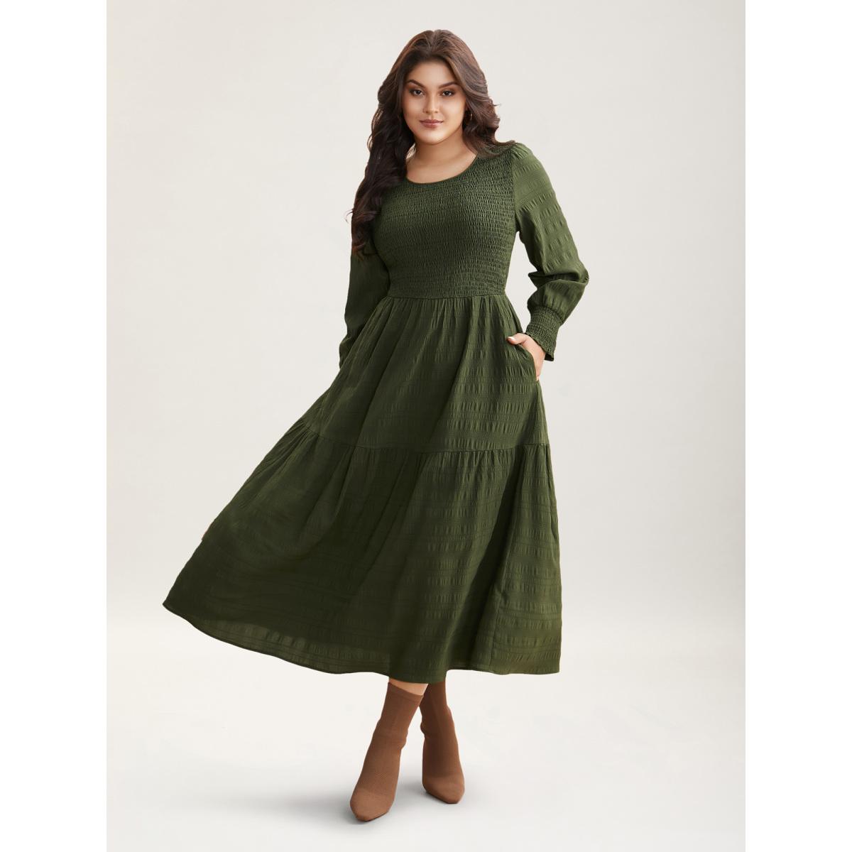 Plus Size Plain Textured Shirred Midi Dress Moss Women Timeless Texture Round Neck Long Sleeve Curvy BloomChic 30/6X Product Image
