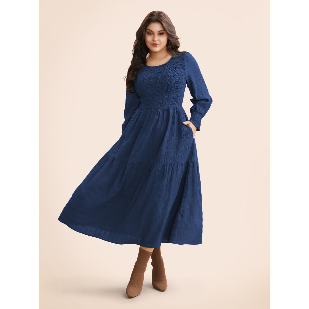 Plus Size Plain Textured Shirred Midi Dress Moss Women Timeless Texture Round Neck Long Sleeve Curvy BloomChic 30/6X Product Image