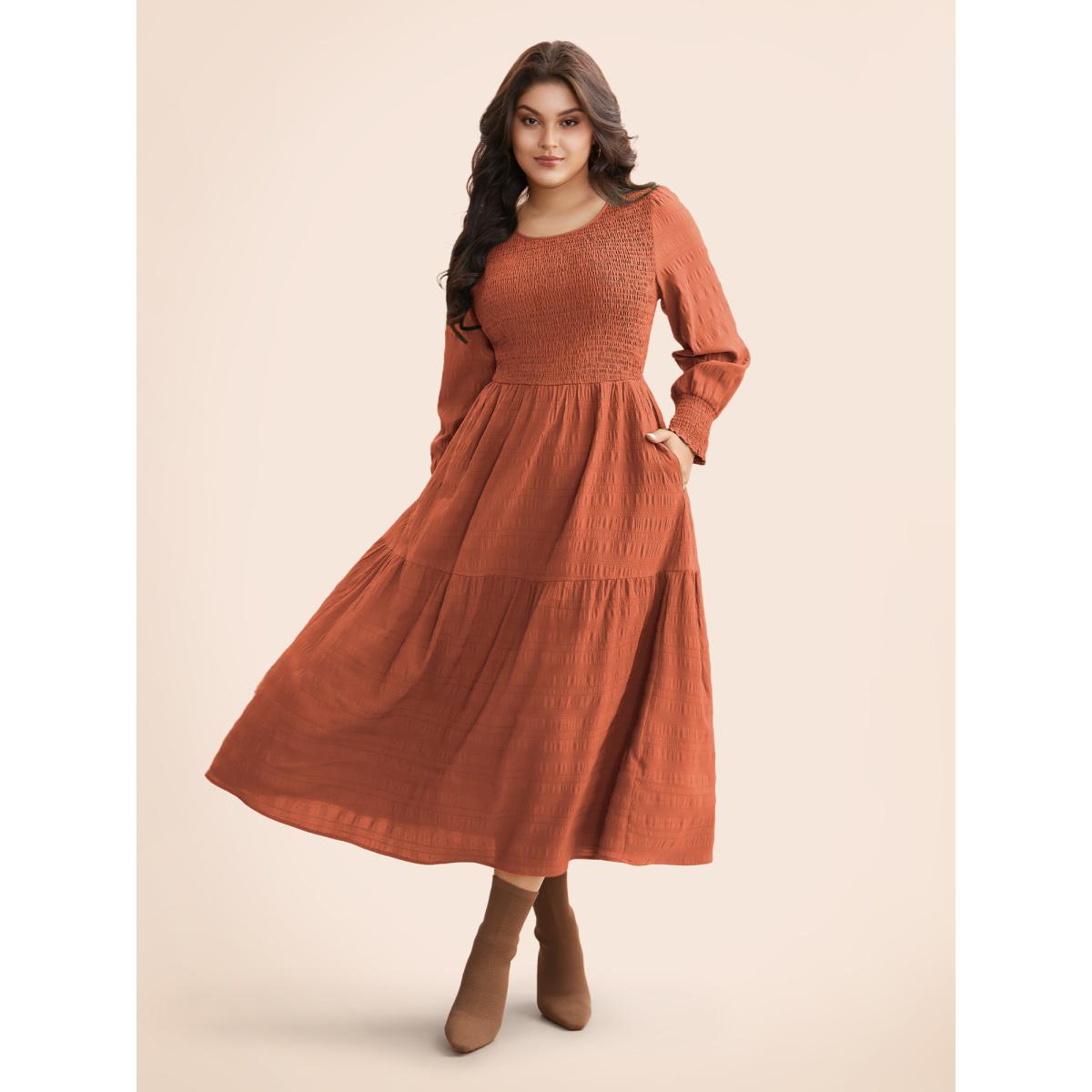 Plus Size Plain Textured Shirred Midi Dress Rust Women Elegant Texture Round Neck Long Sleeve Curvy BloomChic 14-16/1X Product Image