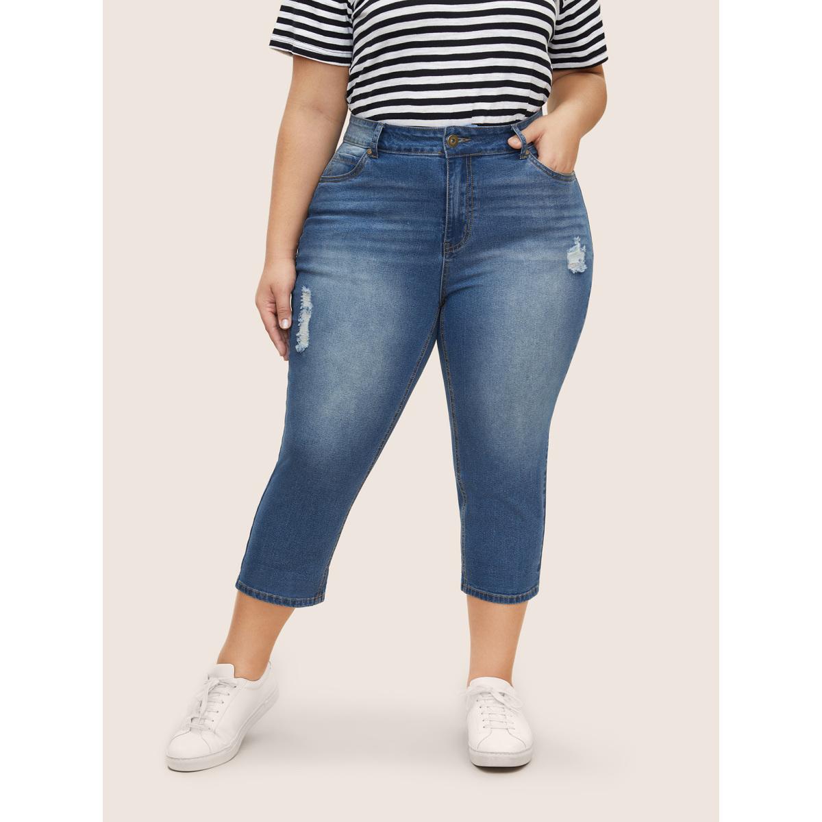 Plus Size Light Wash Distressed Roll Hem Jeans Women Blue Casual Roll Hem High stretch Pocket Jeans BloomChic 16/1X Product Image