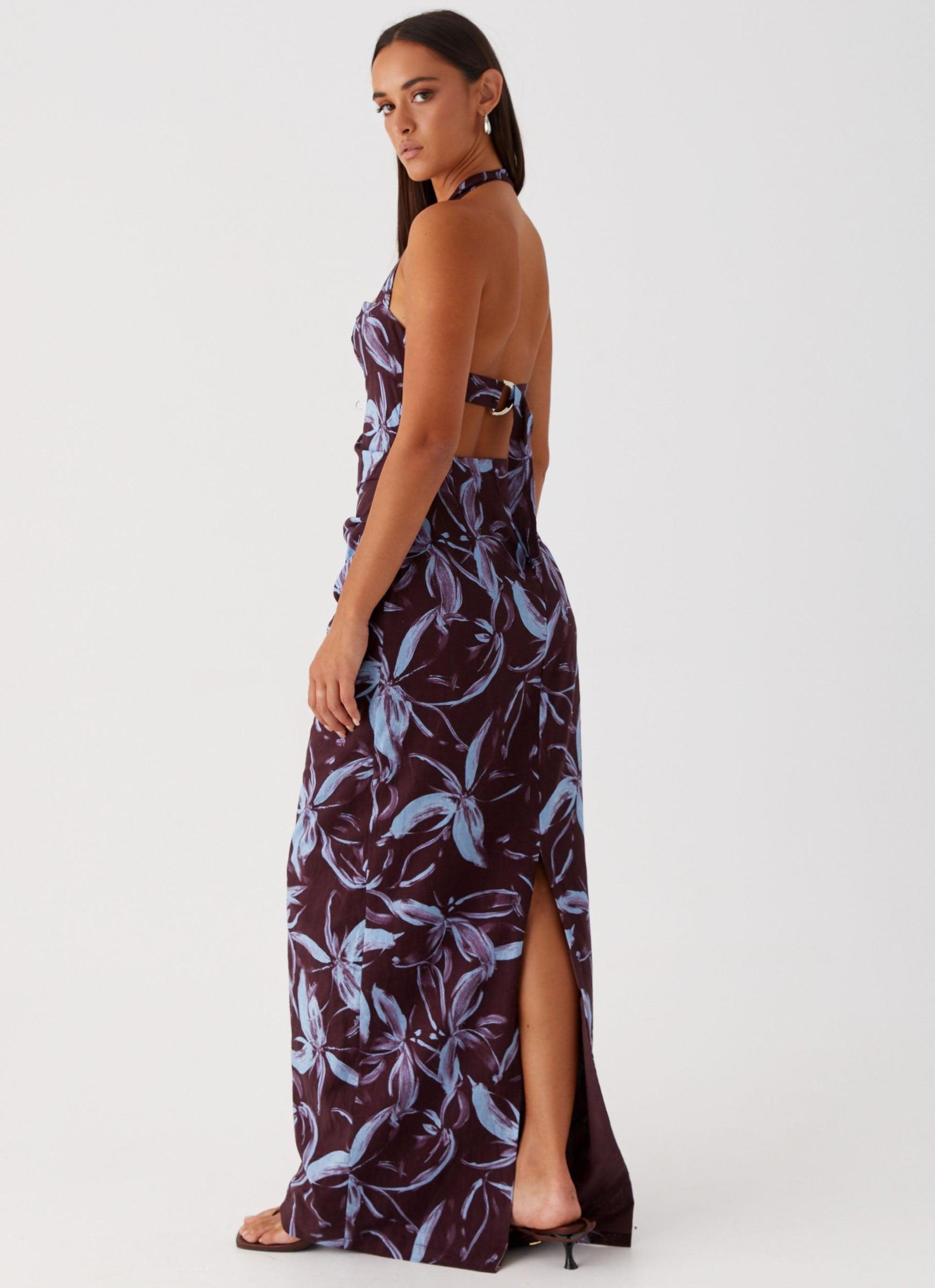 Fauna Halter Maxi Dress - Brown Purple Floral Product Image