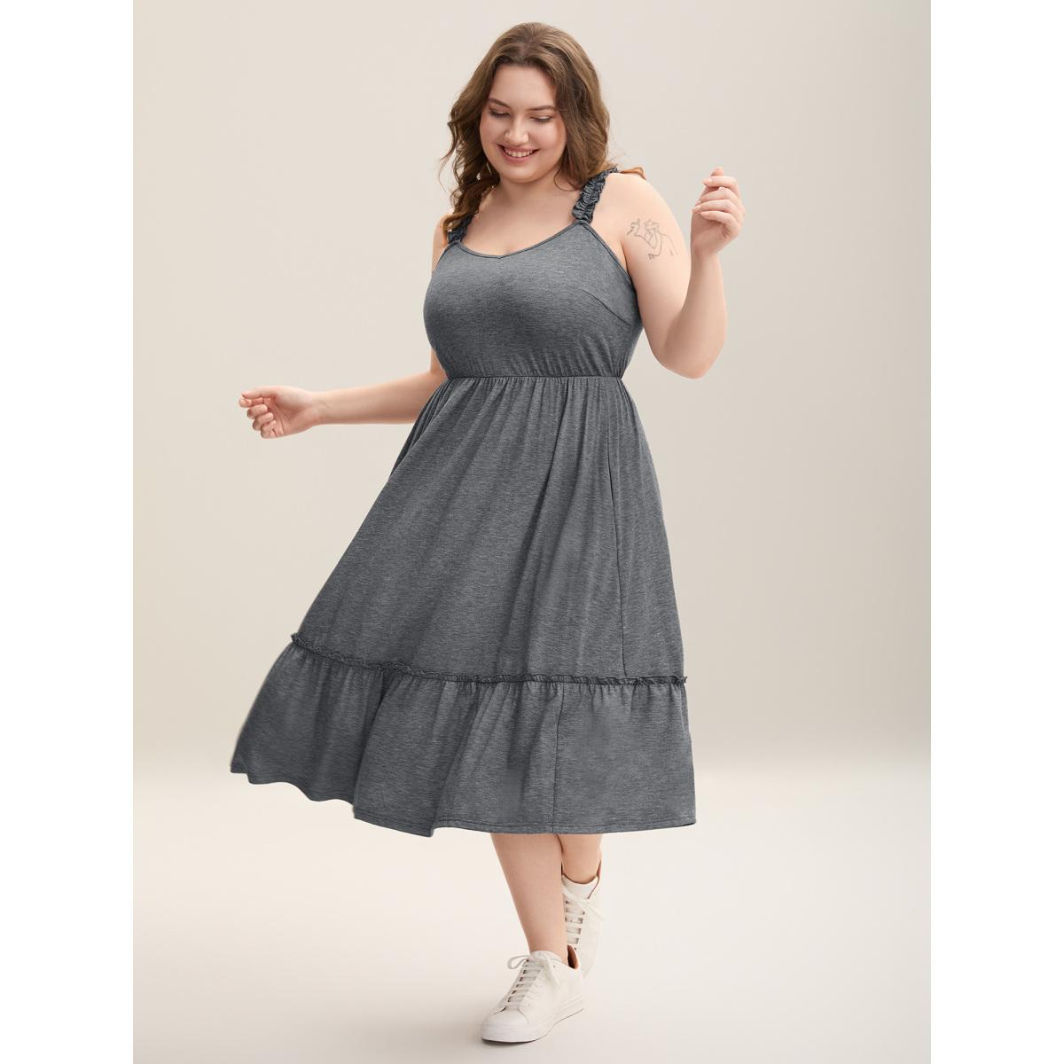 Plus Size Supersoft Heathered Ruched Straps Midi Dress DimGray Women Casual Frill Trim Knit Dresses Bloomchic 18-20/2X Product Image