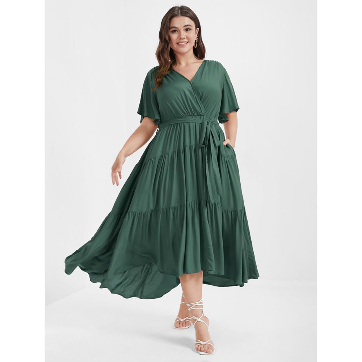 Plus Size Solid Button Pocket Belted Ruffles Wrap Midi Dress DarkGreen Women Elegant Cross straps V-neck Short sleeve Curvy Long Dress BloomChic 18-20/2X Product Image