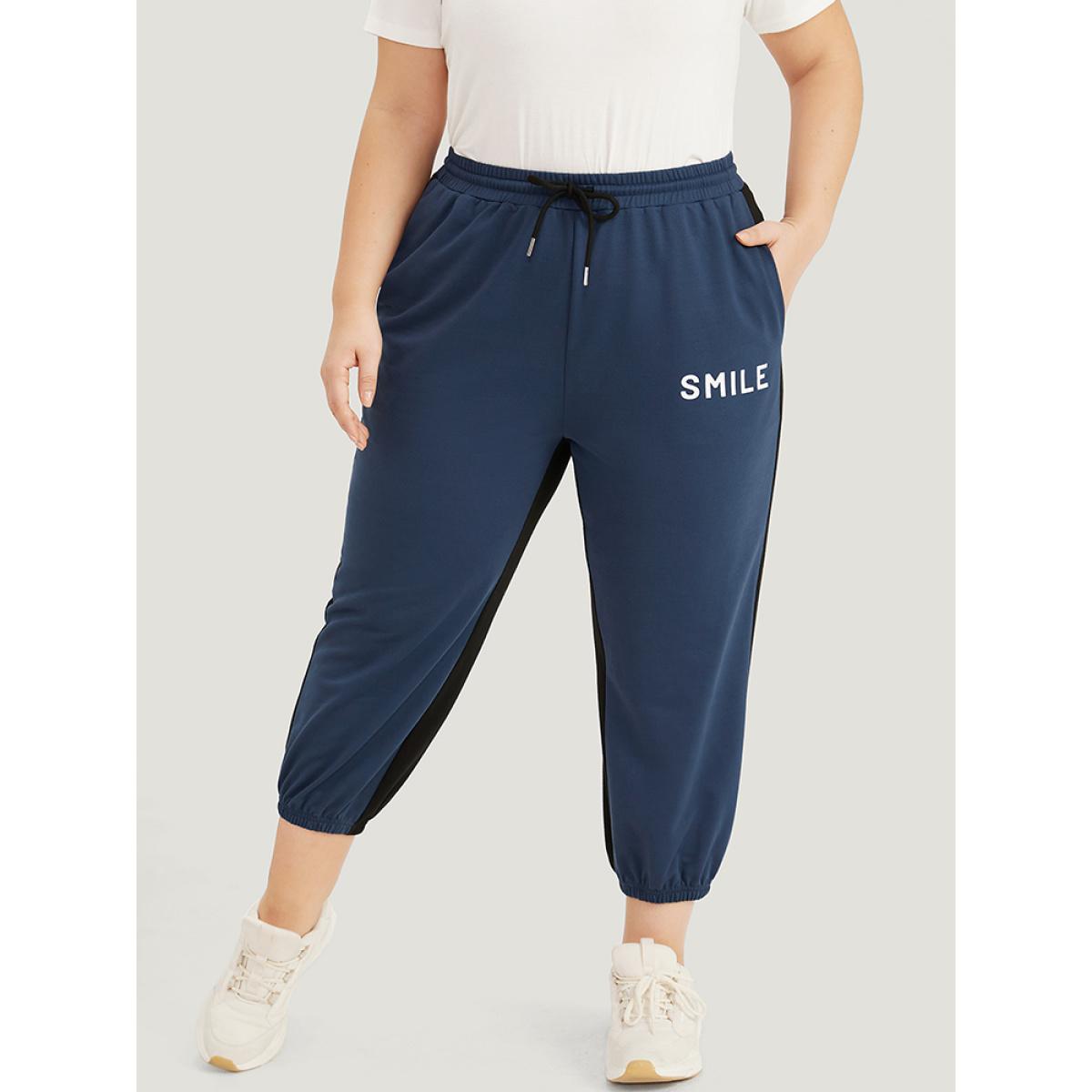 Letter Print Drawstring High Rise Sweatpants Black Plus Size Women Casual Dailywear Contrast 28/5X Bloomchic Product Image
