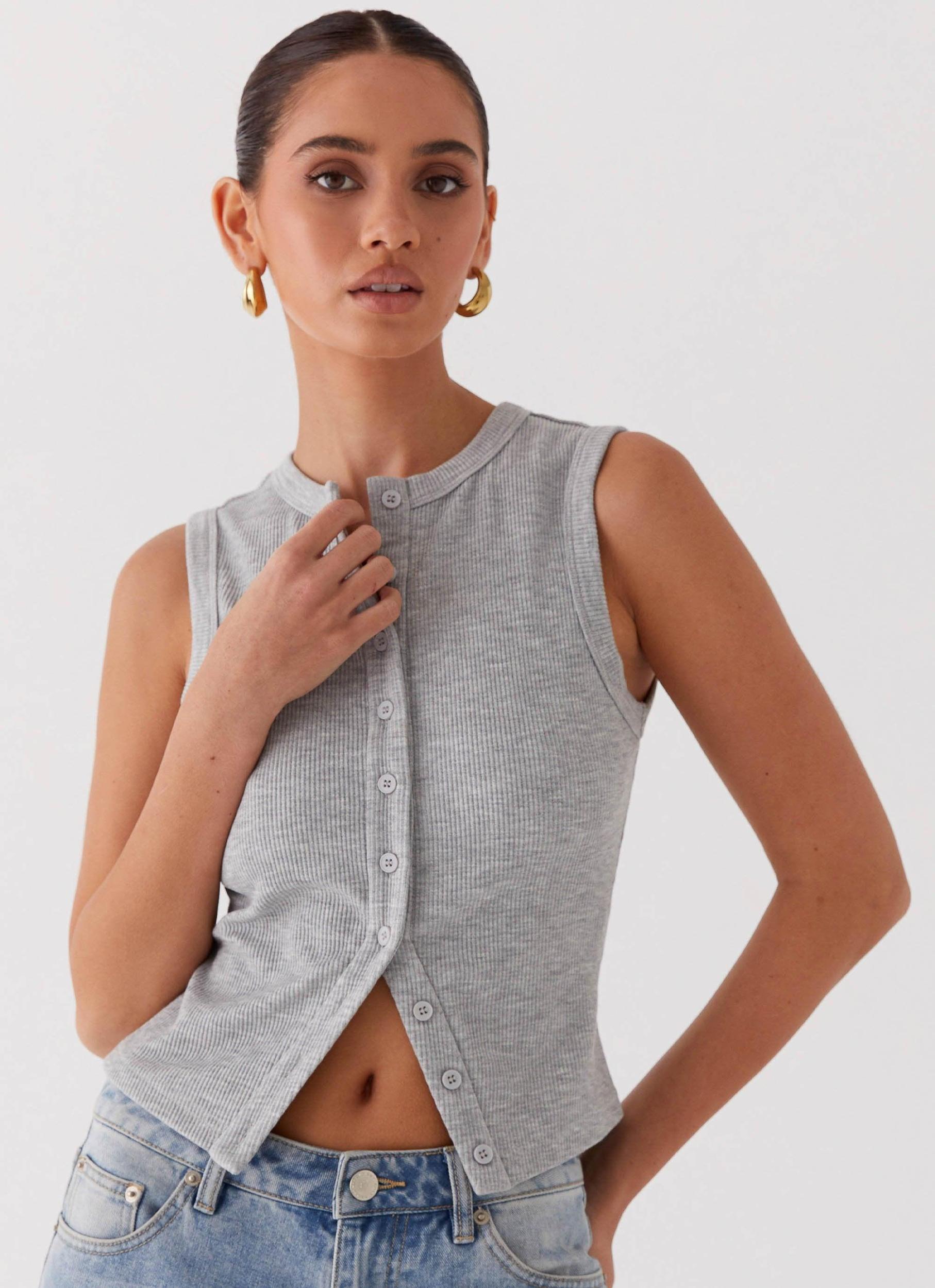 Blair Buttoned Tank Top - Grey Marle Product Image