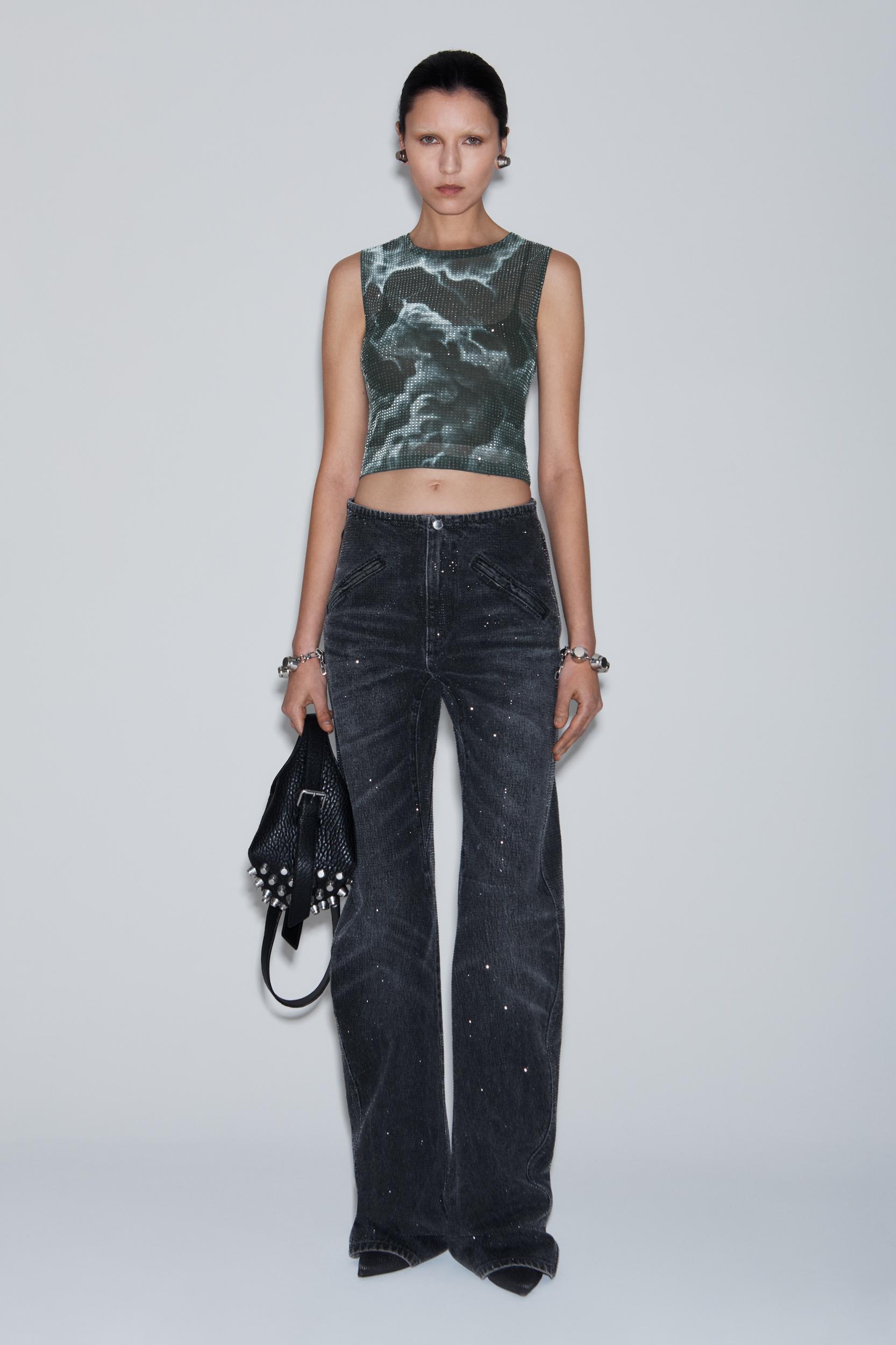 Clear Crystal Hotfix Moto Pant In Cotton Denim Product Image