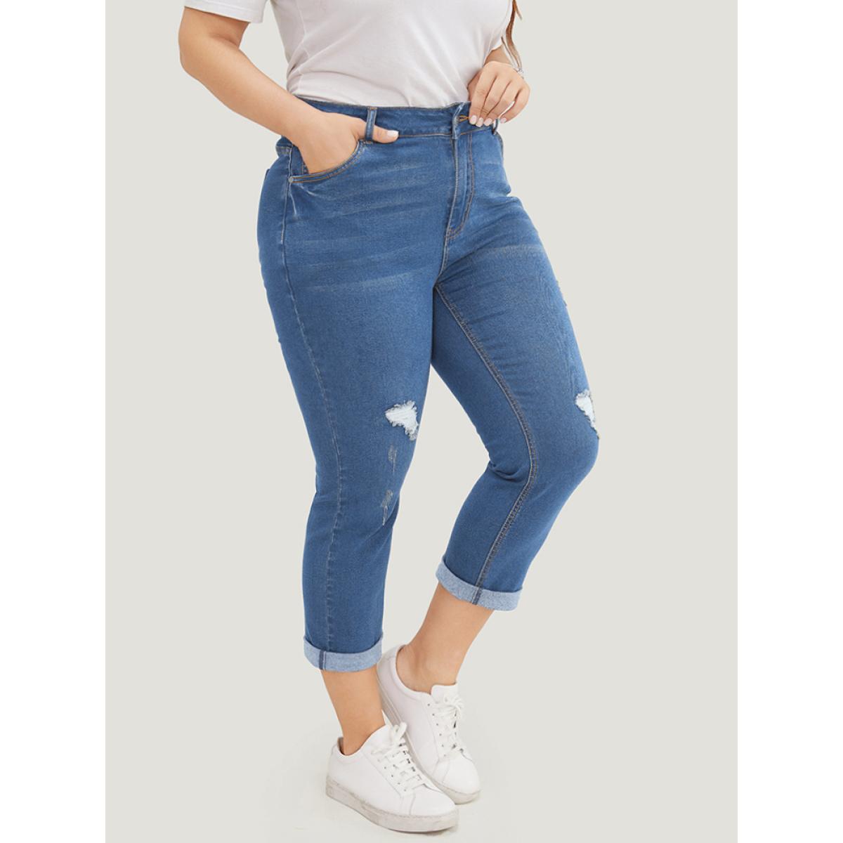 Plus Size Very Stretchy Dark Wash Roll Hem Cropped Jeans Women Blue Casual Plain Distressed High stretch Patch pocket Jeans BloomChic 18/2X Product Image