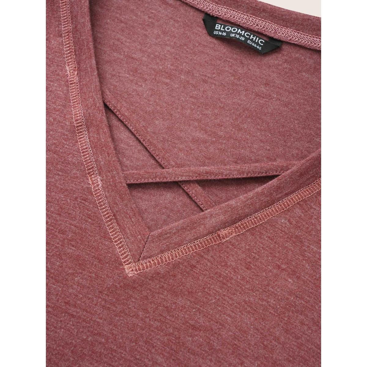Plus Size Solid Crisscross Neck Contrast Stitch T-shirt Russet Women Leisure Plain V-neck Casual T-shirts BloomChic 12/L Product Image