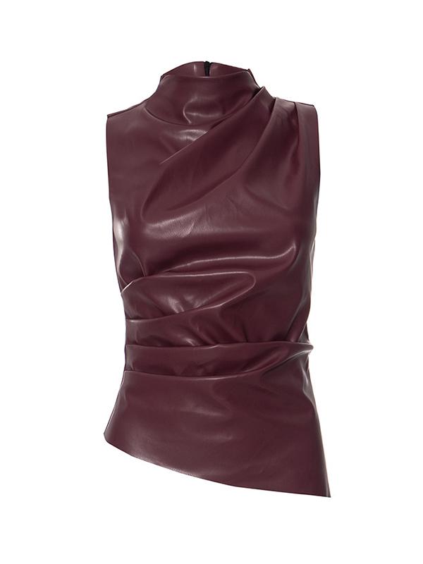 Skinny Sleeveless Asymmetric Pleated Solid Color Mock Neck Vest Top Product Image