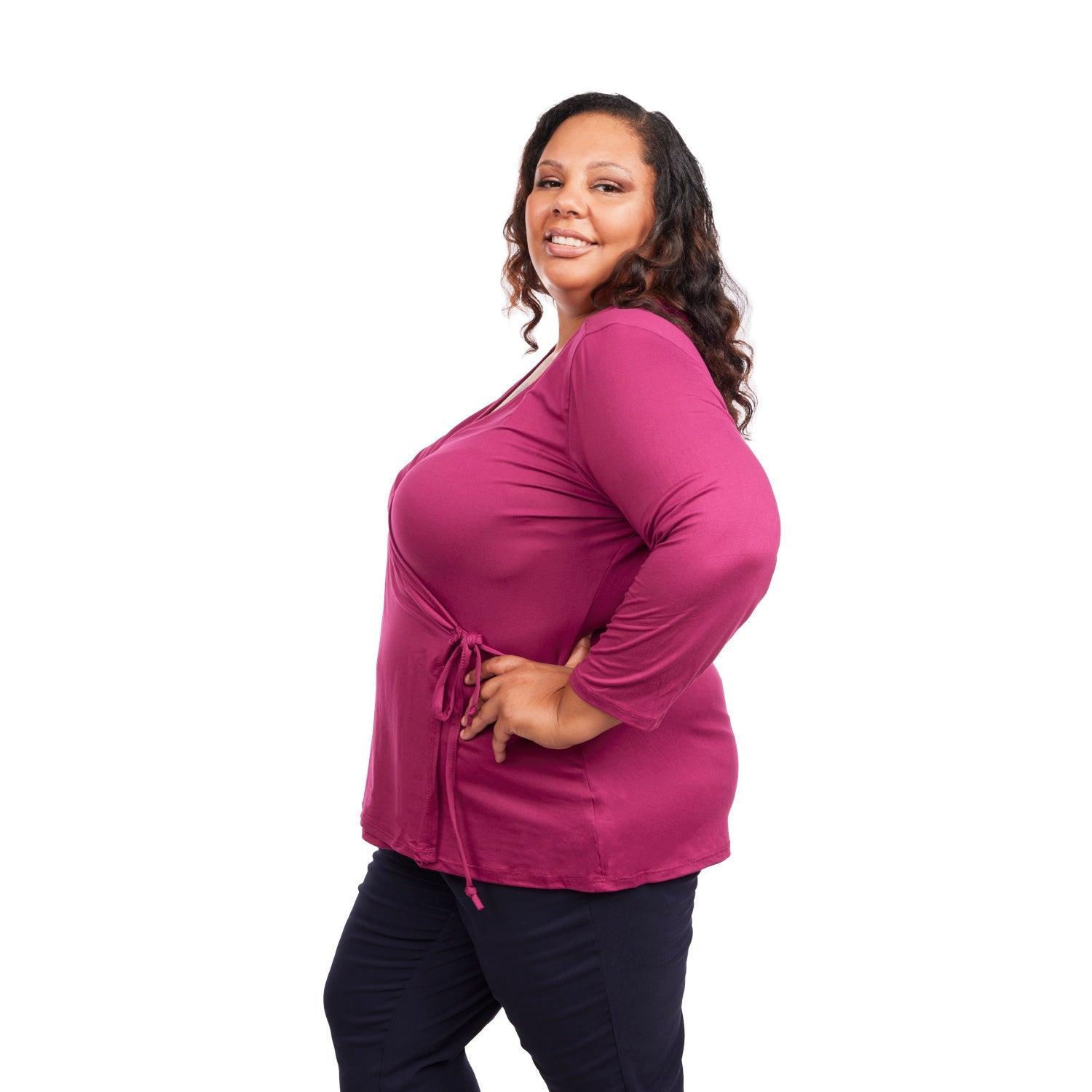 Inner Beauty Plus Solid 3/4 Sleeve Surplice Front V-Neck Top Product Image