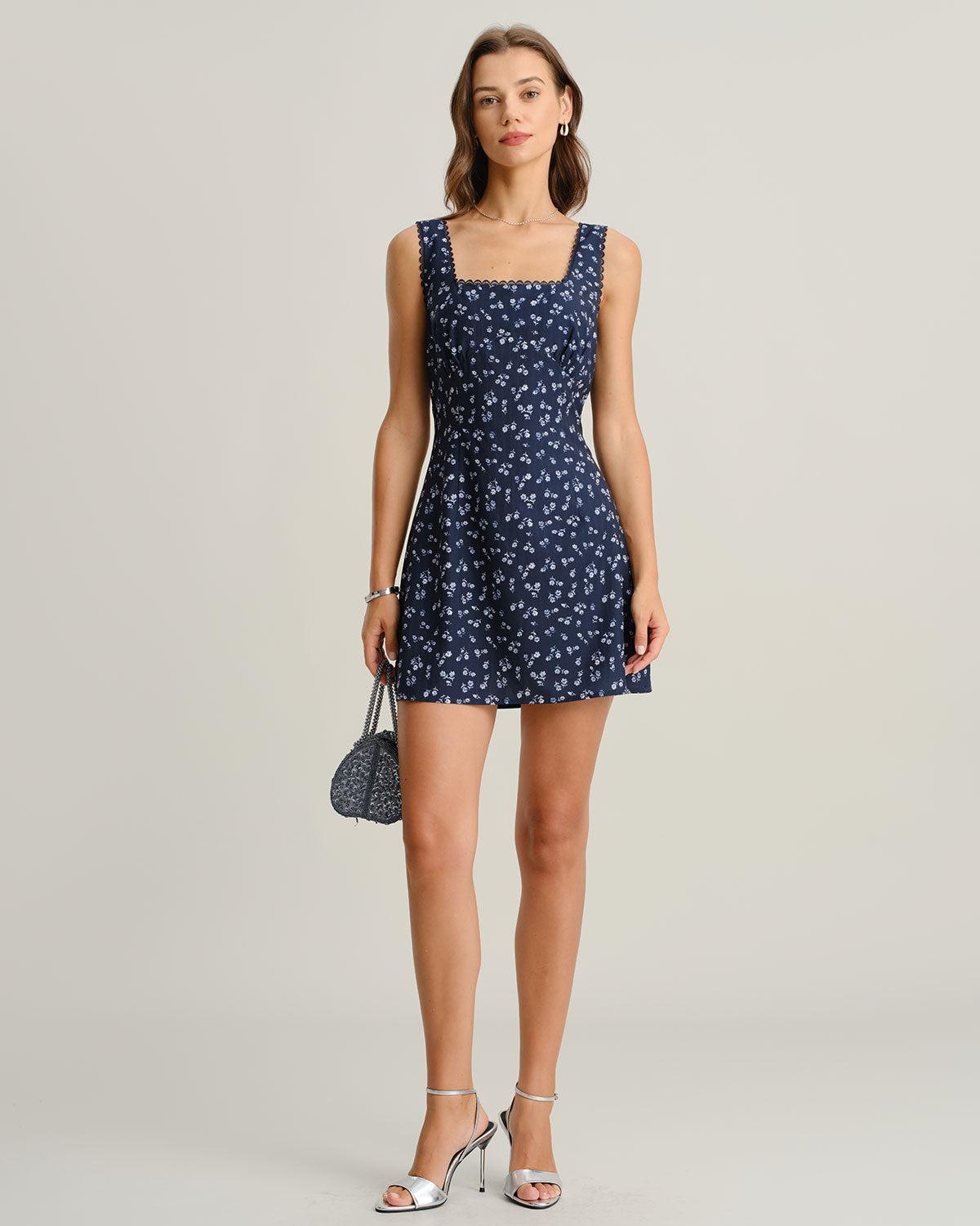 Navy Floral Square Neck Slip Mini Dress Product Image