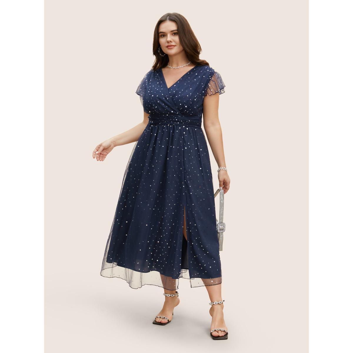 Plus Size Sequin Mesh V Neck Ruffle Cap Sleeve Dress Indigo Women Formal Texture V-neck Cap Sleeve Curvy BloomChic 18-20/2X Product Image