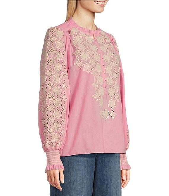 Gibson & Latimer Woven Embroidered Floral Ruffled Slit Round Button Front Neck Long Blouson Sleeve Hi-Low Shirttail Blouse Product Image