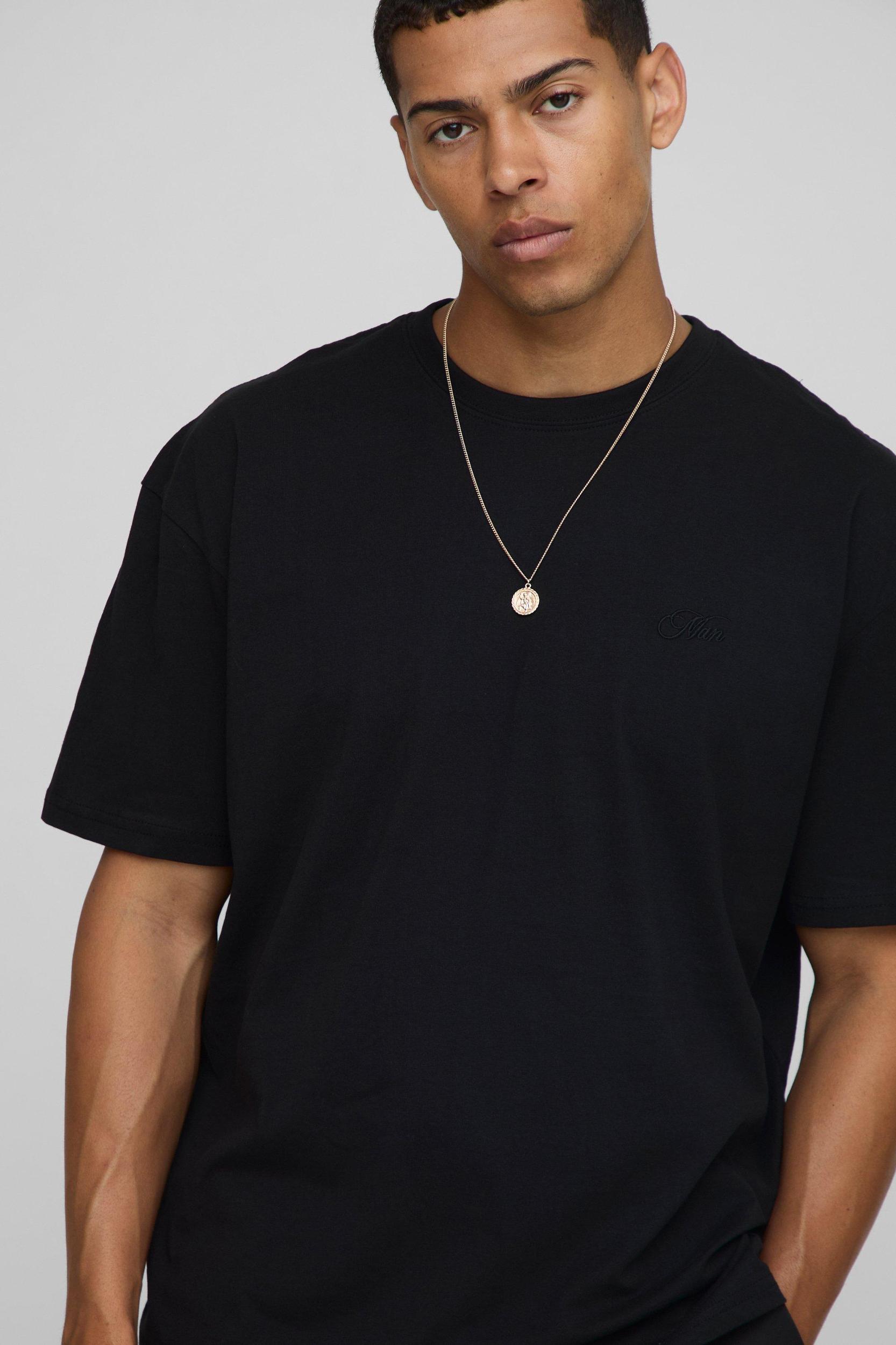 Oversized MAN Script Embroidered Basic Crew Neck T-Shirt | boohooMAN USA Product Image