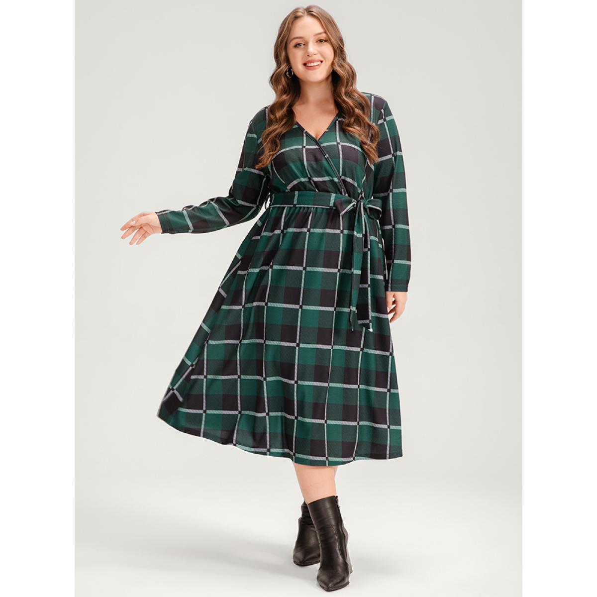 Plus Size Plaid Surplice Neck Pocket Belted Midi Dress Green Women Casual Cross straps V-neck Long Sleeve Curvy Midi Dress BloomChic 10/M Product Image