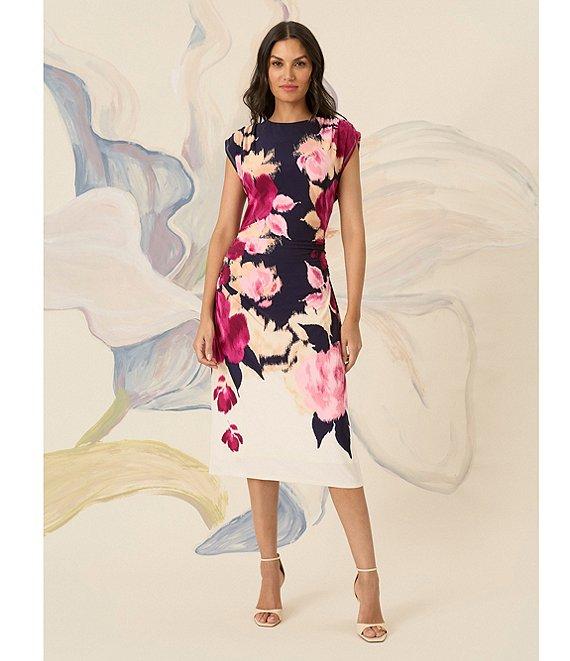 Maggy London ITY Floral Crew Neck Cap Sleeve Side Ruched Sheath Midi Dress Product Image