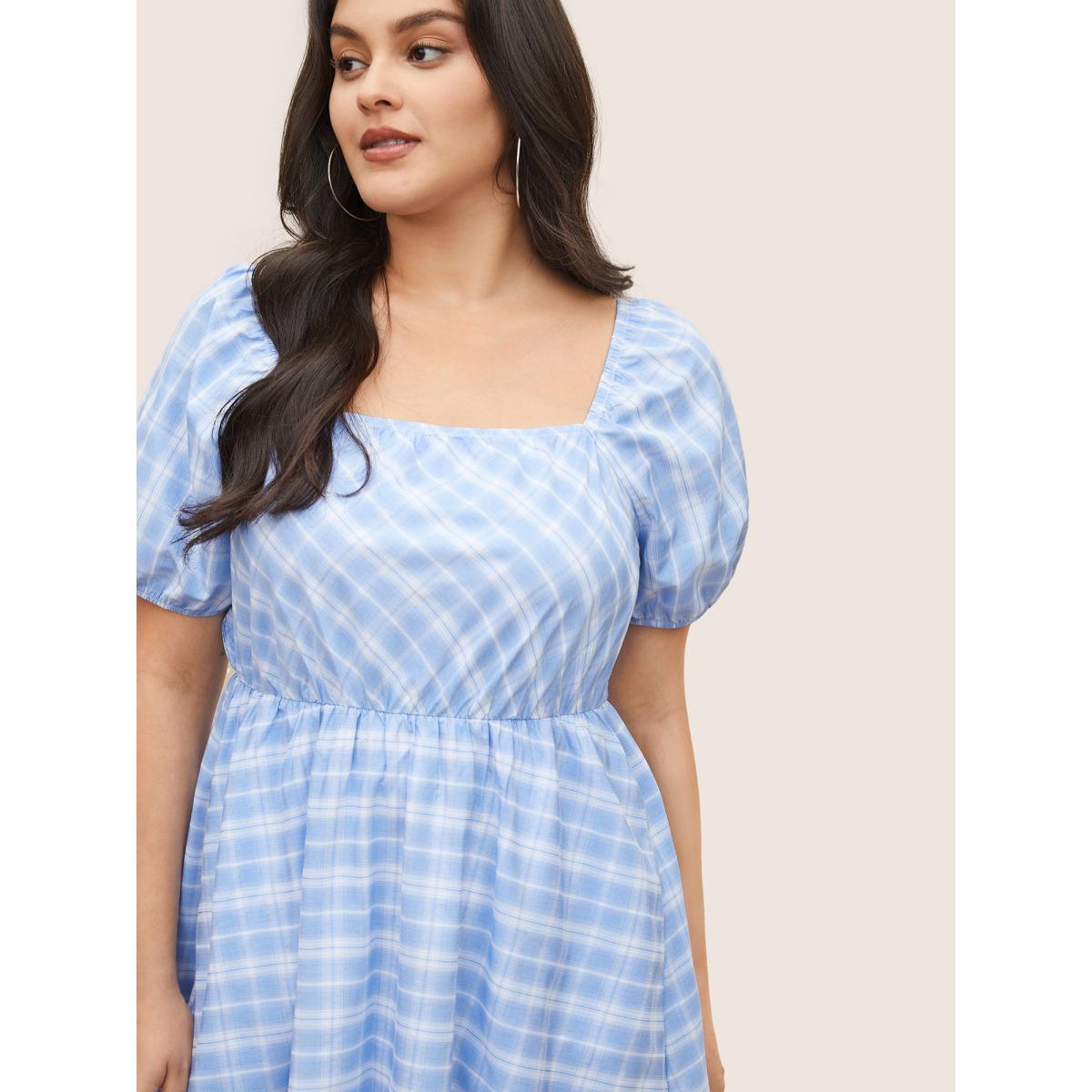 Plus Size Plaid Square Neck Gathered Shirred Dress LightBlue Women Casual Non Square Neck Short sleeve Curvy Midi Dress BloomChic 14-16/1X Product Image