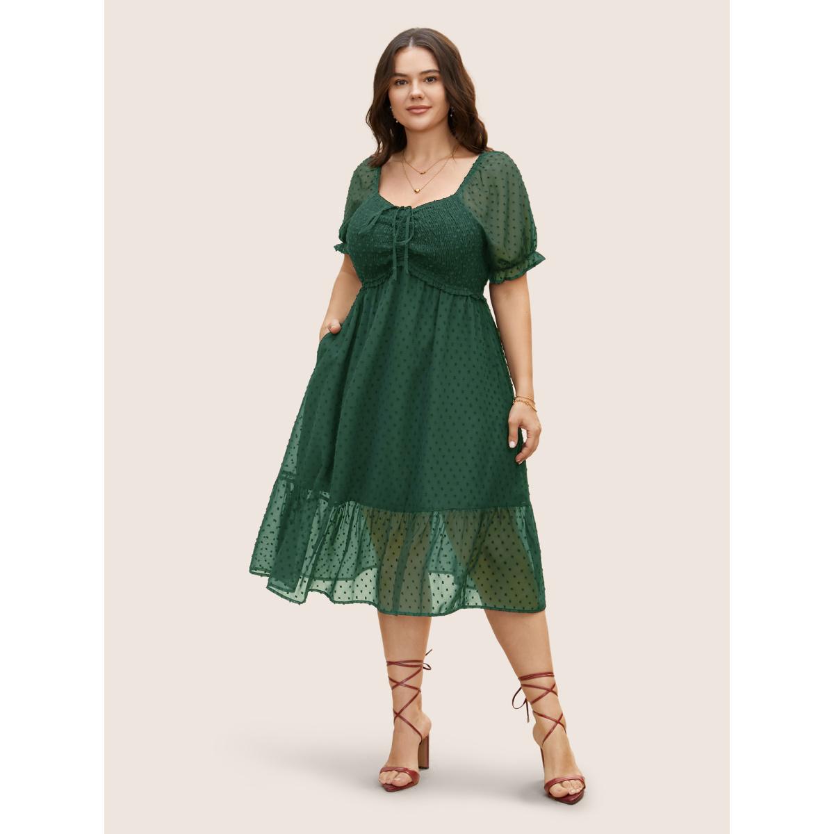 Plus Size Polka Dot Textured Mesh Shirred Drawstring Dress Burgundy Women Elegant Texture V-neck Short sleeve Curvy BloomChic 18-20/2X Product Image