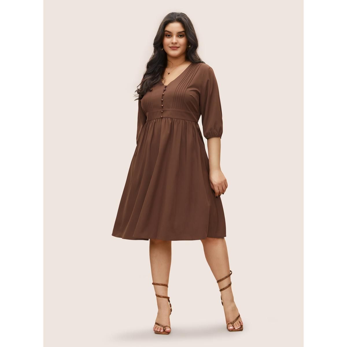 Plus Size Solid Pleated Button Detail Lantern Sleeve Dress DarkBrown Women At the Office Non V-neck Elbow-length sleeve Curvy Midi Dress BloomChic 14-16/1X Product Image
