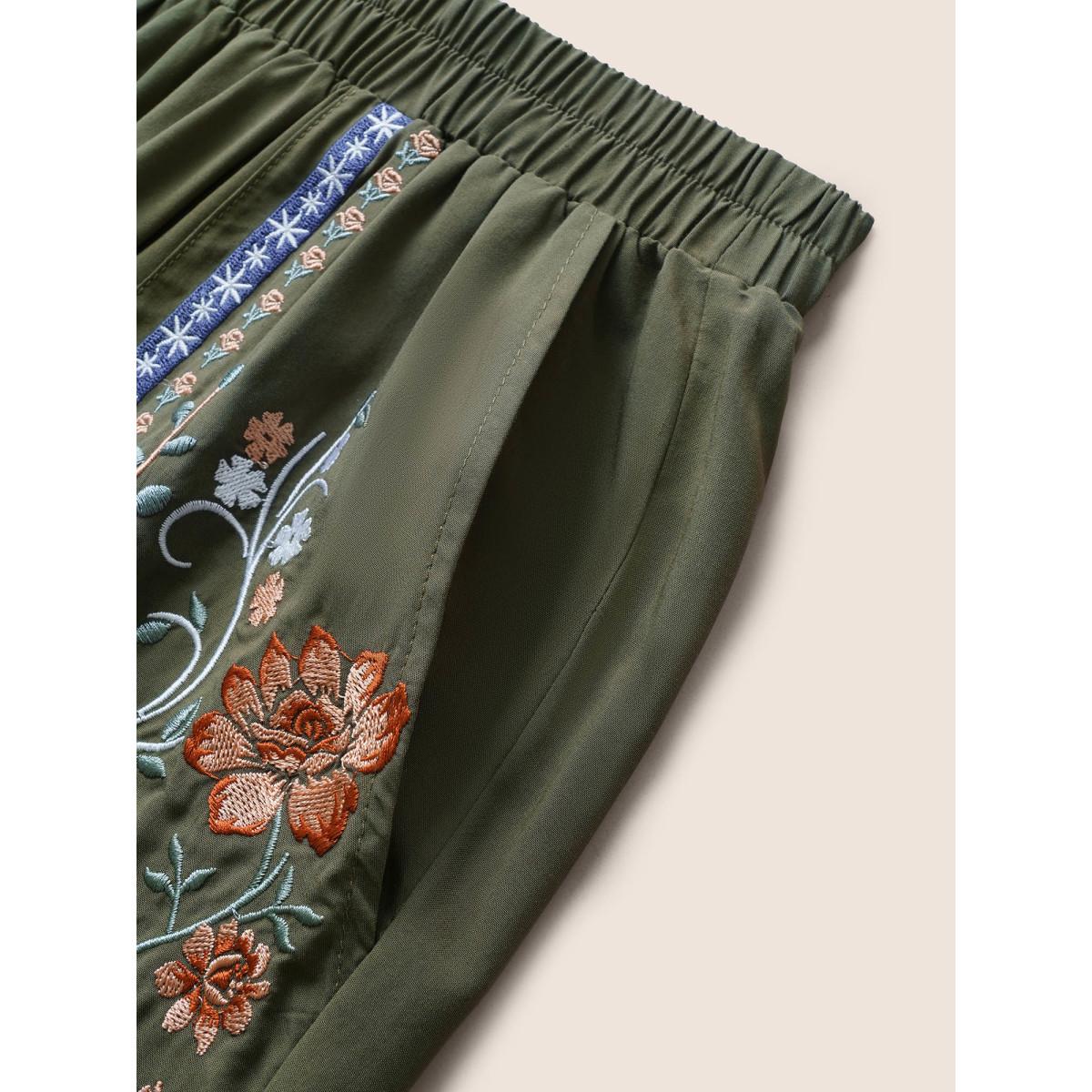Plus Size Floral Embroidered Elastic Waist Slanted Pocket Pants Women ArmyGreen Resort Loose High Rise Vacation Pants BloomChic 22-24/3X Product Image