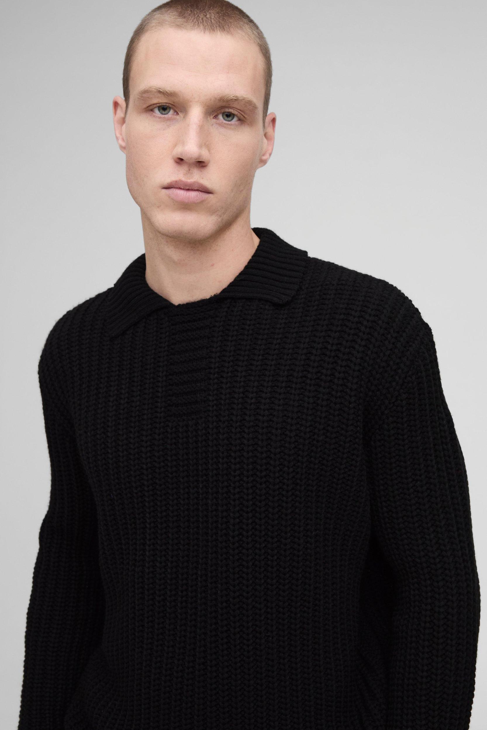 Oversized Chunky Knit Placket Detail Knitted Polo | boohooMAN USA Product Image