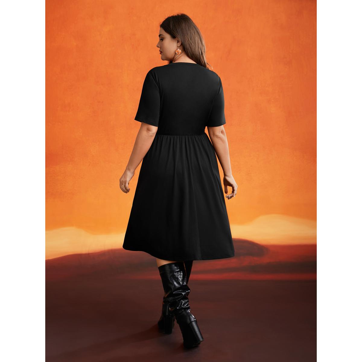 Plus Size Stretch Fabric Pumpkin Cut Out Midi Dress Black Women Playful Button Party Curvy Bloomchic 10/M Product Image