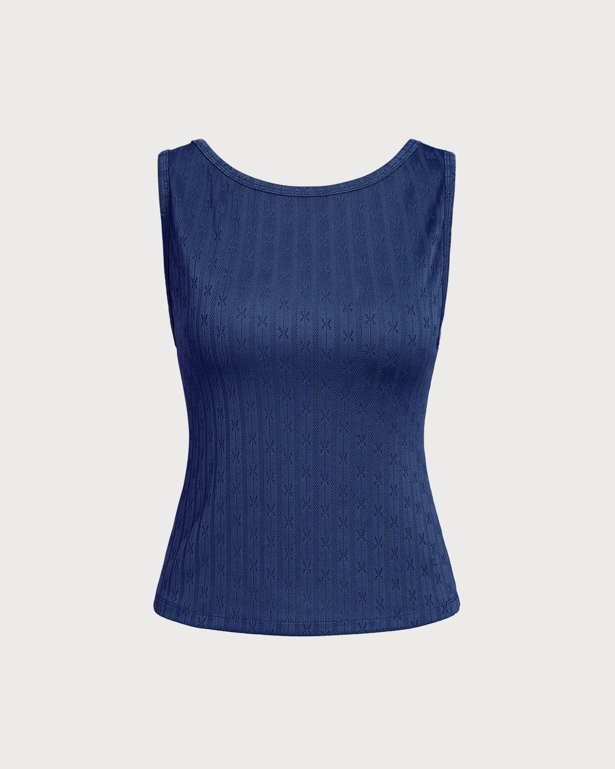 Blue Boat Neck Ribbed Knit Tank Top Product Image
