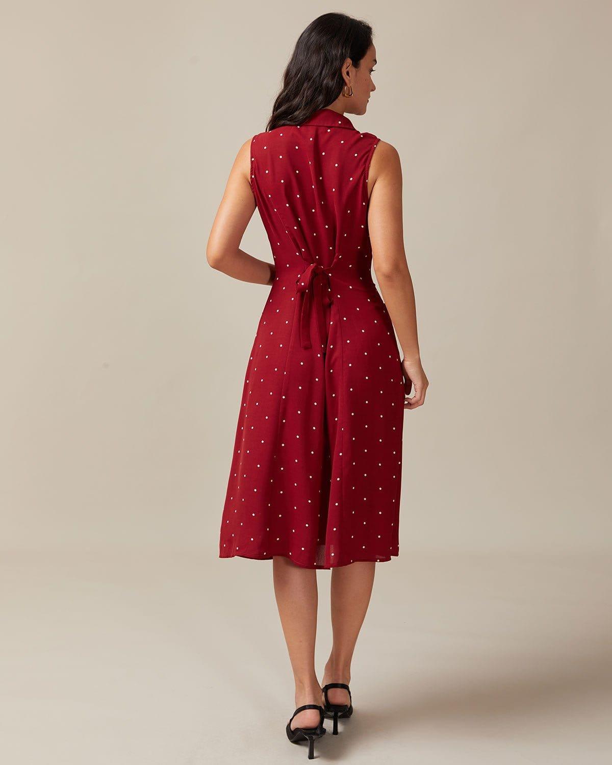 The Red V Neck Polka Dot Tie Back Midi Dress Product Image