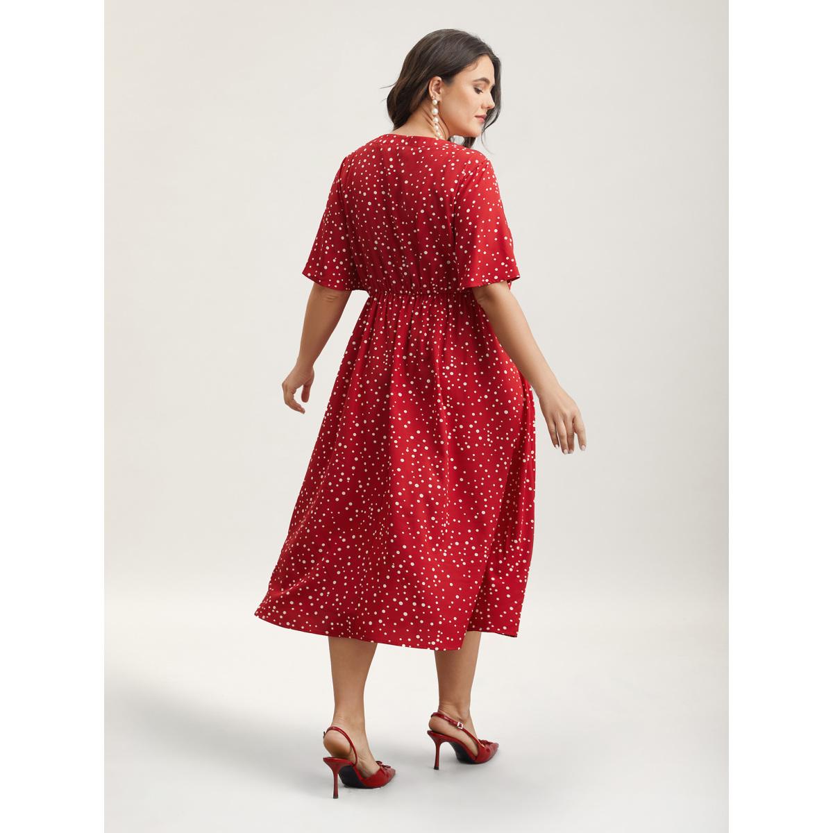 Plus Size Polka Dots Print Cut-Out Flutter Sleeve Midi Dress Scarlet Women Timeless Pleated Round Neck Short sleeve Curvy BloomChic 18-20/2X Product Image