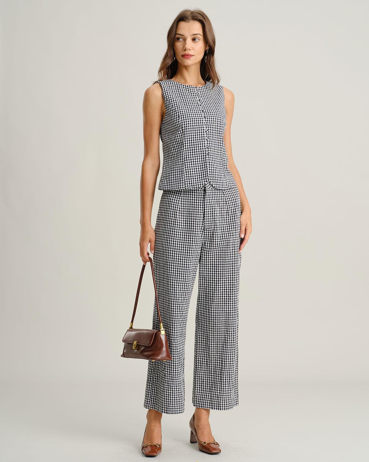 Black Plaid Natural Waisted Straight Pants Product Image