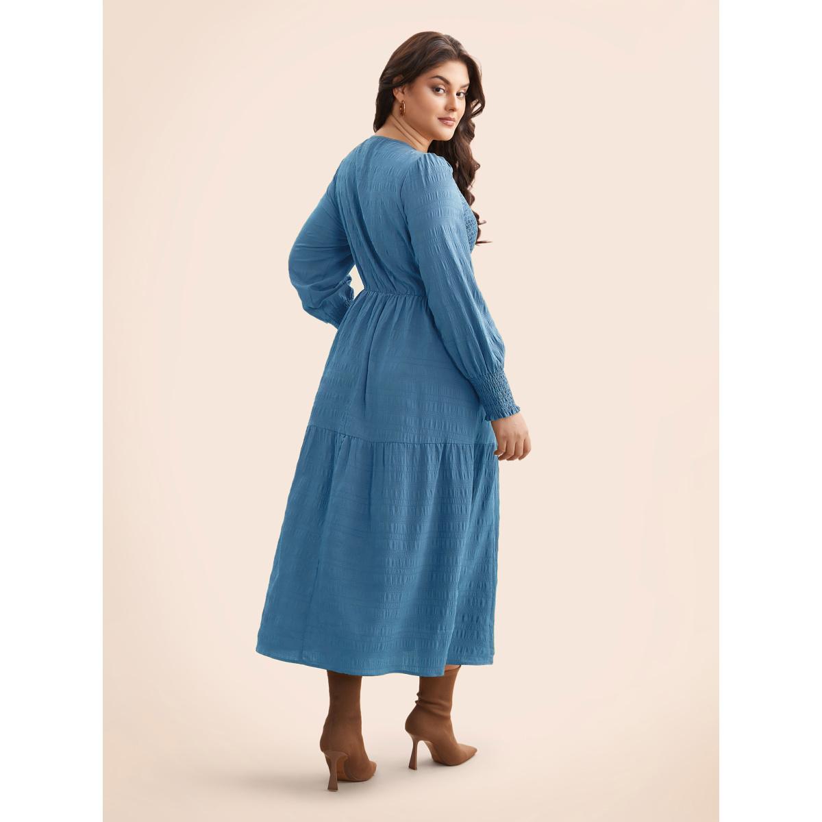 Plus Size Plain Textured Shirred Midi Dress Skyblue Women Elegant Texture Round Neck Long Sleeve Curvy BloomChic 26/4X Product Image
