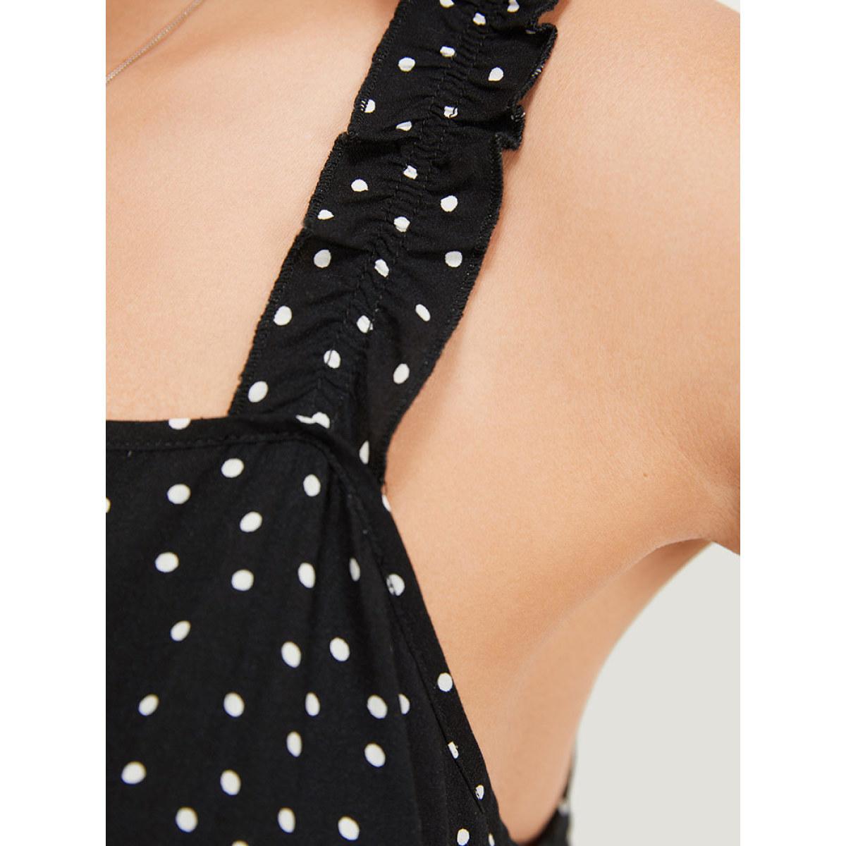 Plus Size Polka Dot Square Neck Ruffle Asymmetrical Hem Cami Dress Black Women Elegant Gathered Spaghetti Strap Sleeveless Curvy Midi Dress BloomChic 14-16/1X Product Image