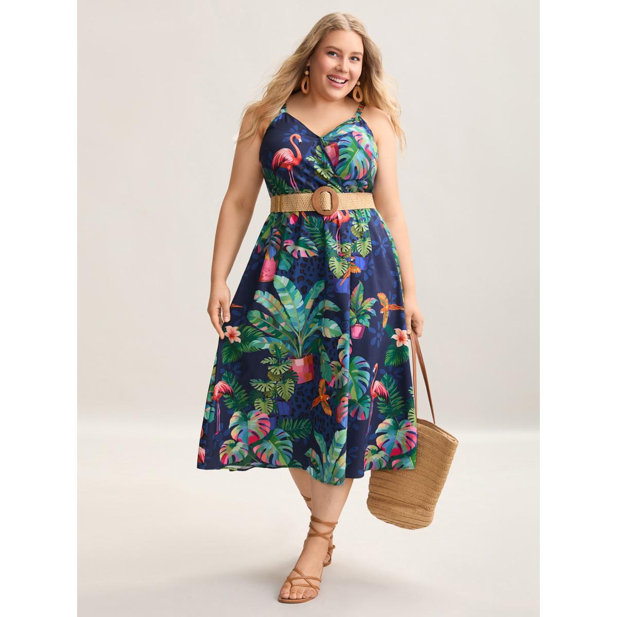 Plus Size Tropical Pattern Surplice Pockets Midi Dress DarkBlue Women Resort Non Overlap Collar Sleeveless Curvy BloomChic 26/4X Product Image