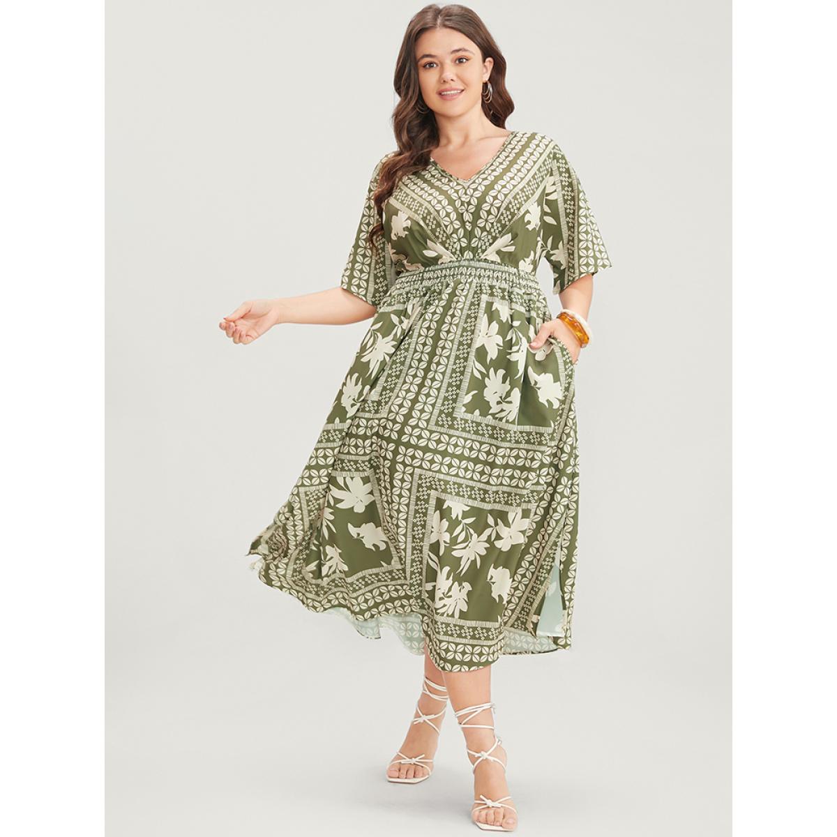 Plus Size Floral Print Ruffles V Neck Shirred Pocket Split Hem Dress Mint Women Vacation Pocket V-neck Short sleeve Curvy Midi Dress BloomChic 18-20/2X Product Image